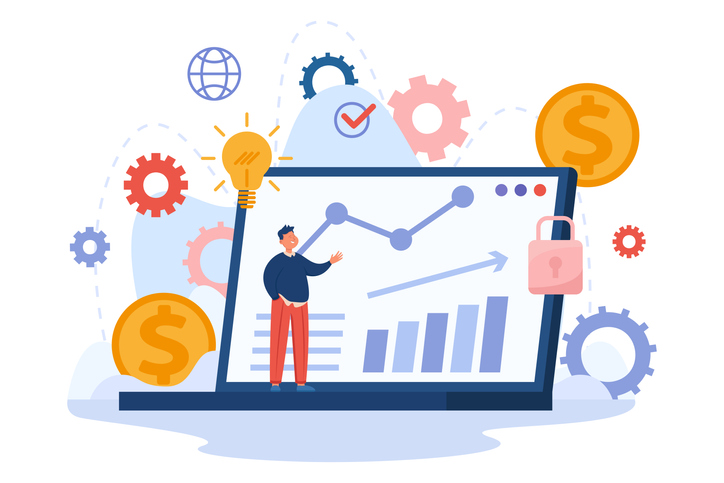 Tiny cartoon man on laptop background with financial charts. Flat vector illustration. Fund charts, startup deposit, global market, alternative fintech. Business, economy, digital innovation concept