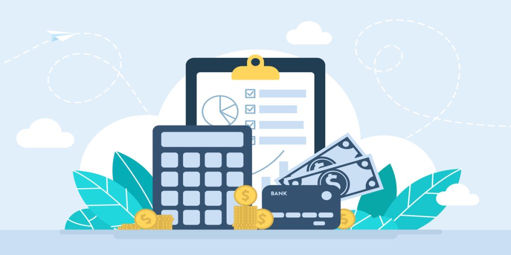 Document of payment, tax. Check, contract. Budget planning calculator, bill payment abstract metaphor, tax credit, bank account. Flat illustration. Abstract business concept vector illustration set.